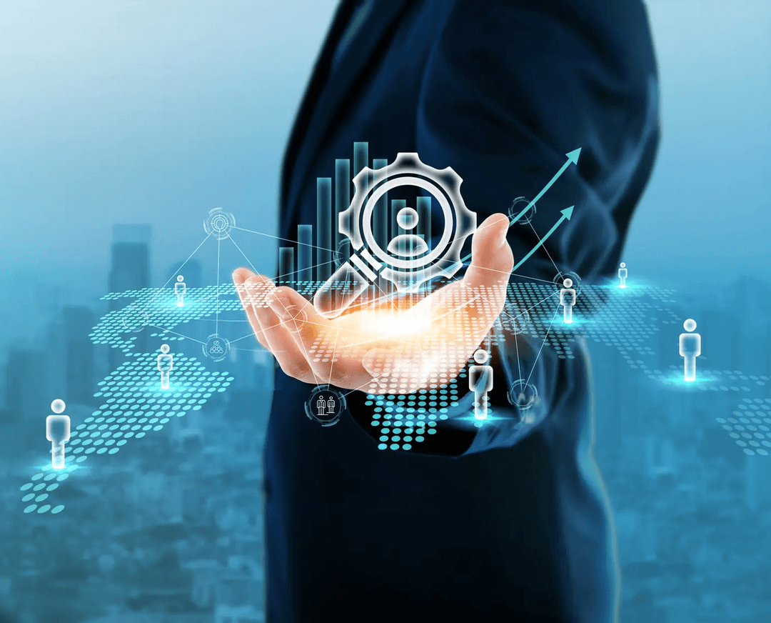 Hand with digital technology overlays representing industry solutions